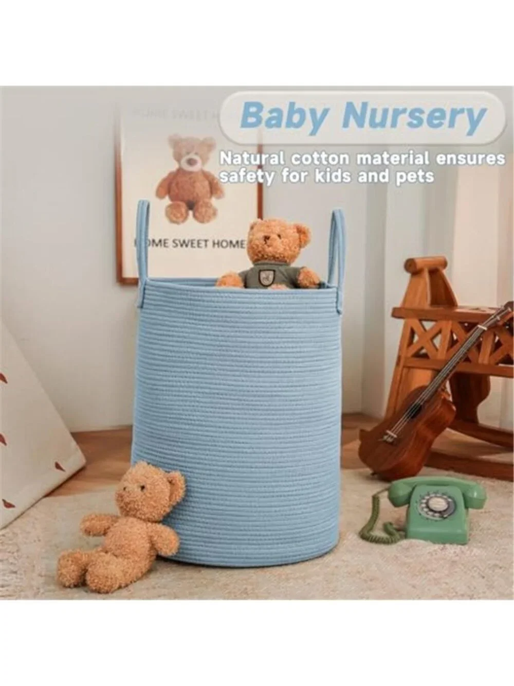 New 60L Cotton Rope Laundry Basket Hamper, Blue